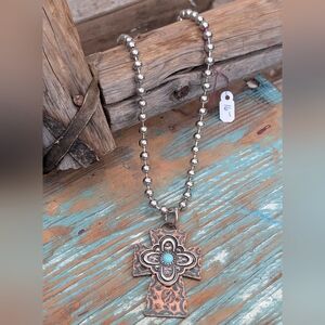 NWT Copper Etched Cross W Silver And Turquoise Color Stone On Silver Ball Chain